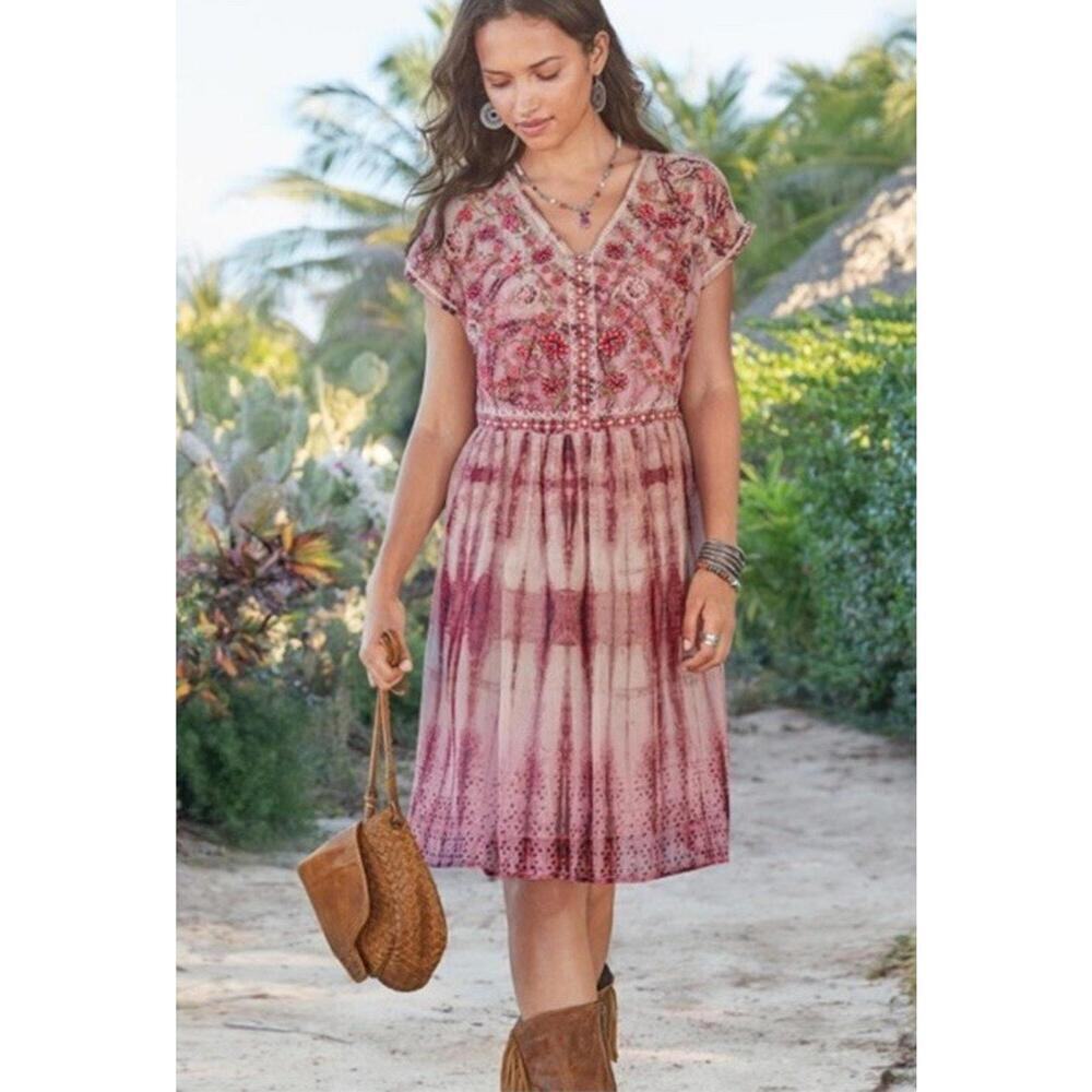 240 Sundance Gemi Embroidered Floral Pink Tie-Dye Boho Midi Dress (Medium, EUC) - Picture 1 of 5